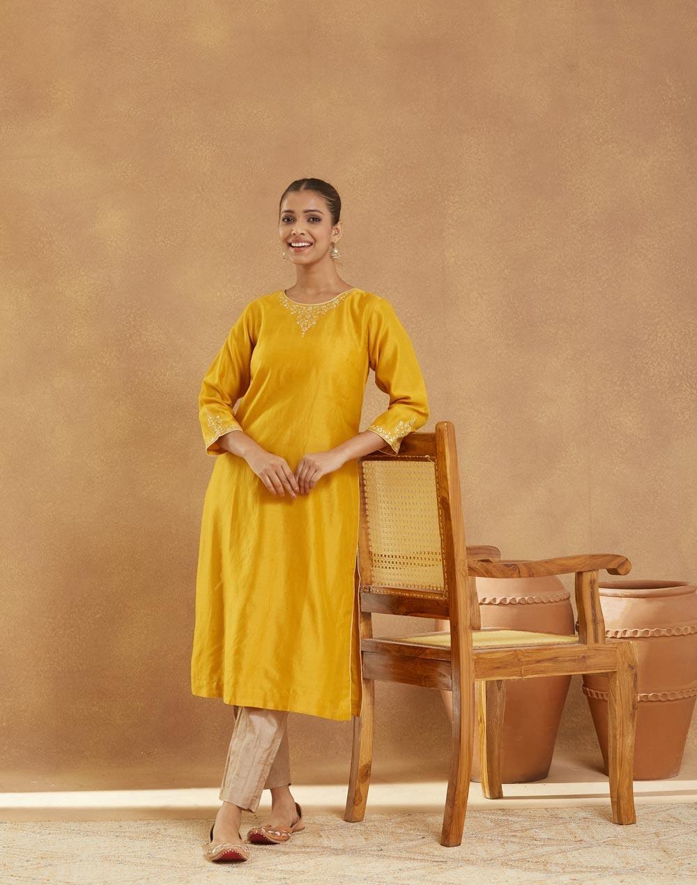 Yellow Cotton Silk Embroidered Slim Fit Long Kurta - Image 1