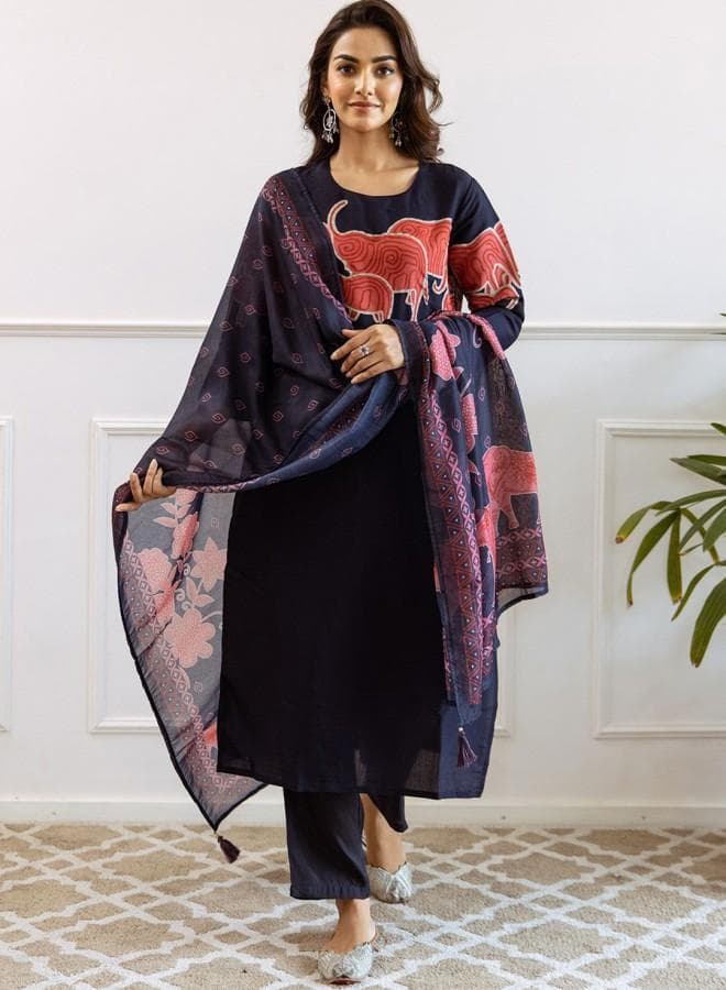 Navy Blue Muslin Embroidered Tunic Palazzo Kurta Set - Image 1