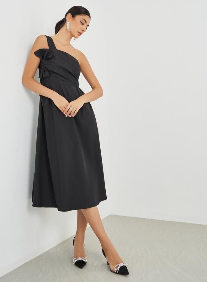 Plain One Shoulder A-Line Midi Dress with Bow Detail - Image 1