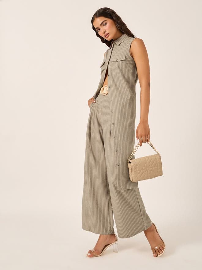 Styli Striped Sleeveless Button-Down Tunic Wide-Leg Pants Co-Ord Set - Image 1
