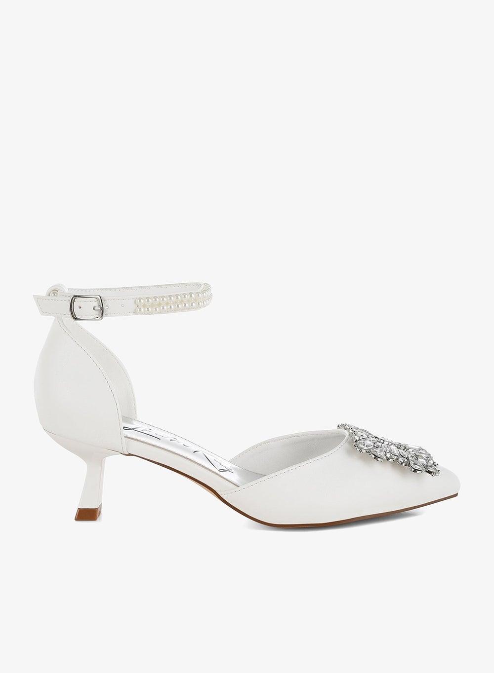 White Diamante Brooch Kitten Heel Sandals - Image 1