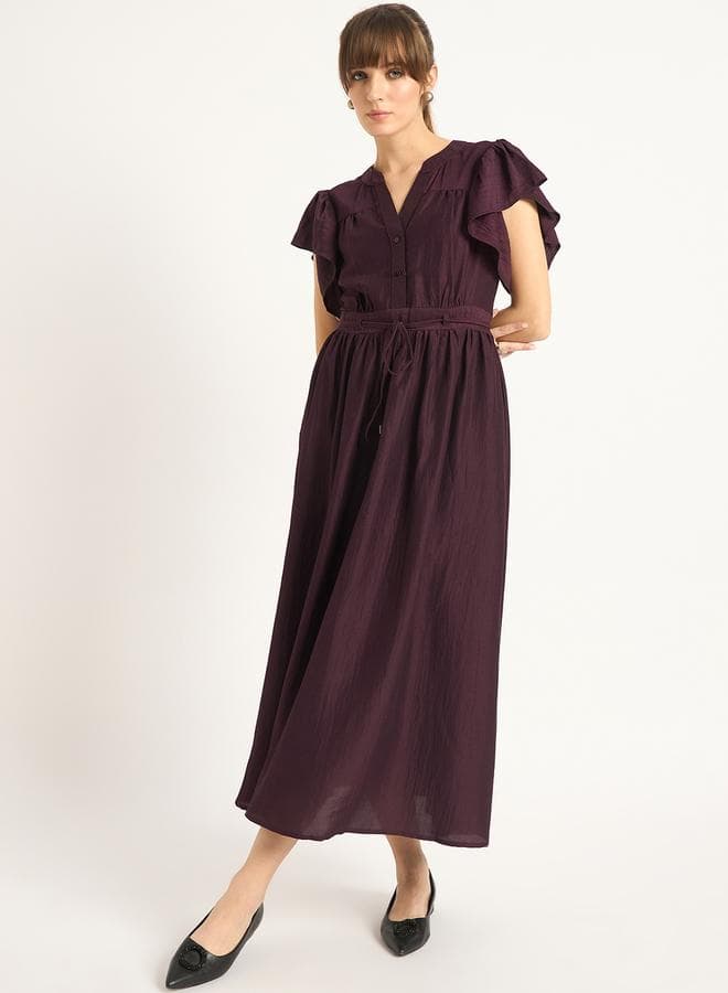 Femmella Solid Frill Sleeve Maxi Dress with Tie Belt - Image 1