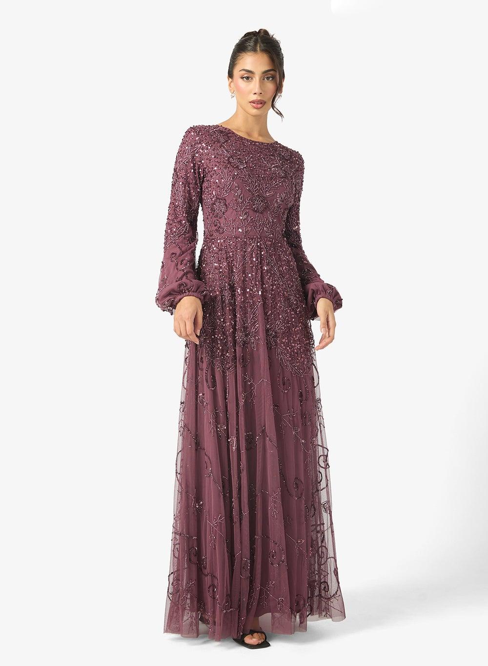 Sana Modest Embellished Sequin Puff Sleeve Maxi Dress - Image 1