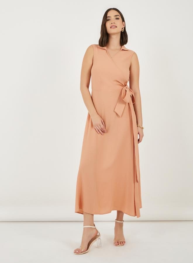 Peach Faux-Wrap Midi Dress with Collared Neckline - Image 1