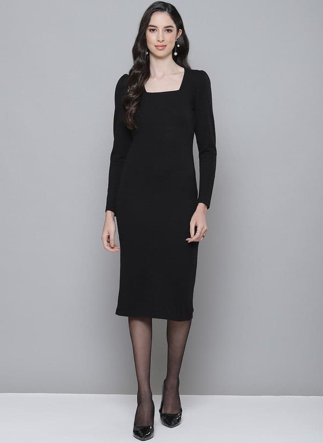 Black Ribbed Cotton Sheath Dress with Square Neckline - Image 1