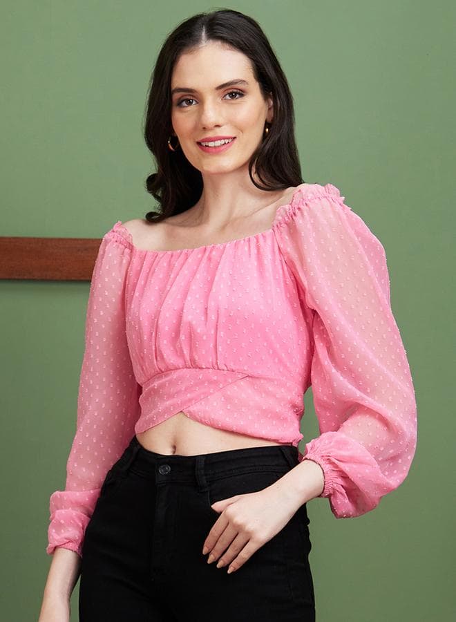 Square Neck Puff Sleeve Back Tie-Up Crop Top - Image 1