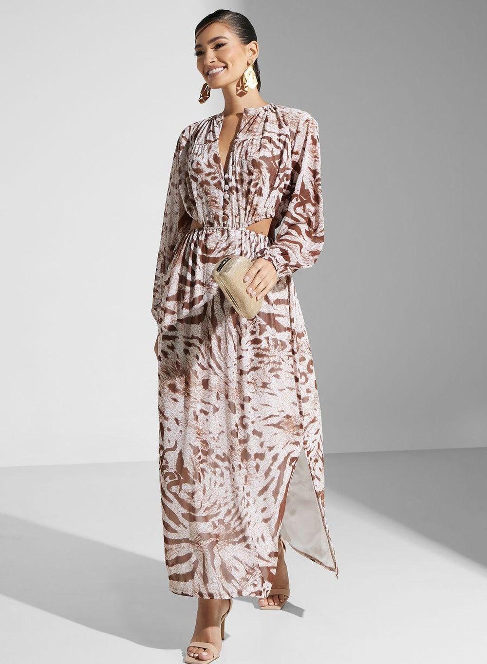 Animal Print Long-Sleeved Dress with Side Slit - Image 1