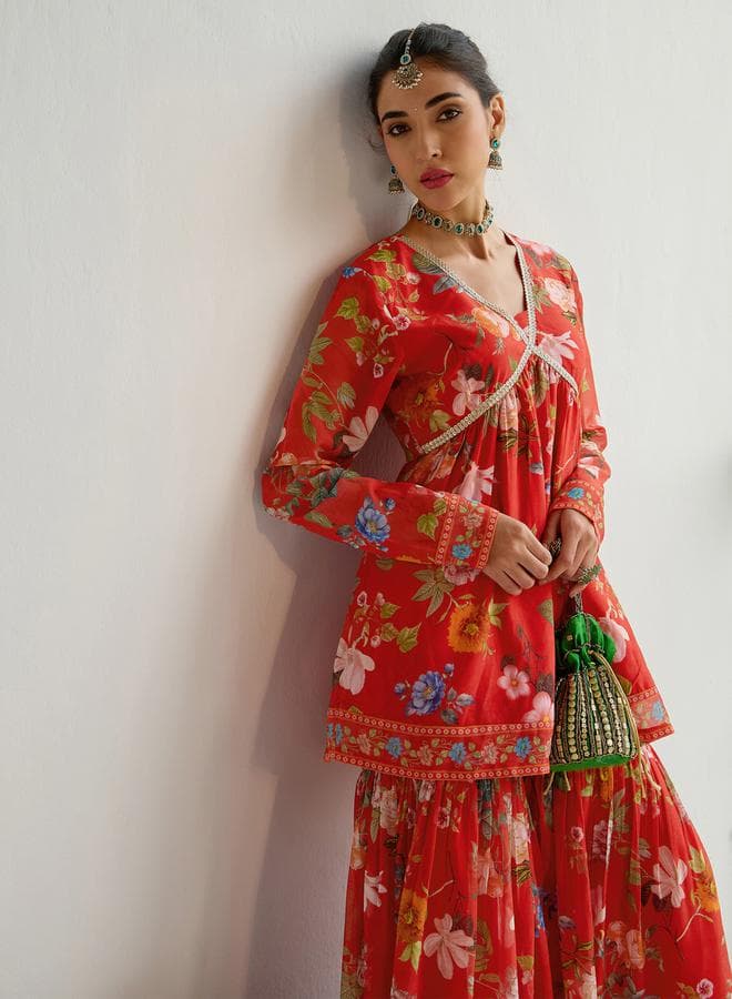 Floral Print Peplum Top and Sharara Pants Set - Image 1