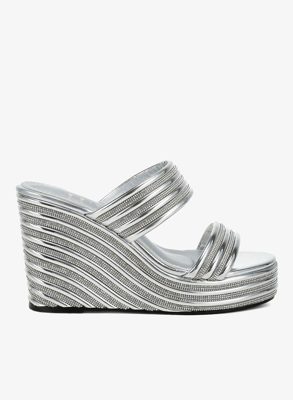 Silver Metallic Faux Leather Wedge Sandals with Rhinestones - Image 1