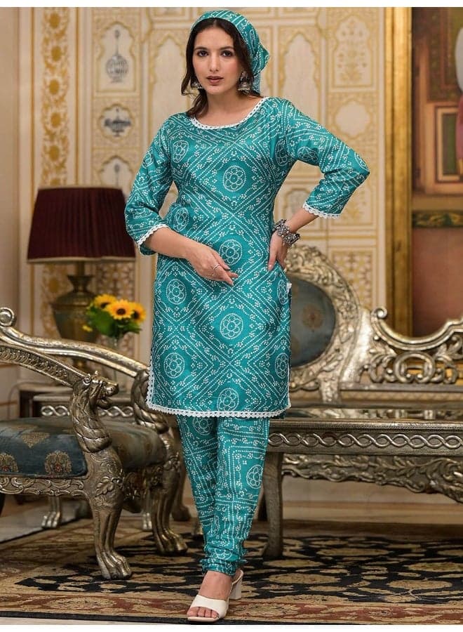 AKS Women Bandhani Printed Kurta Set with Churidar - Image 1