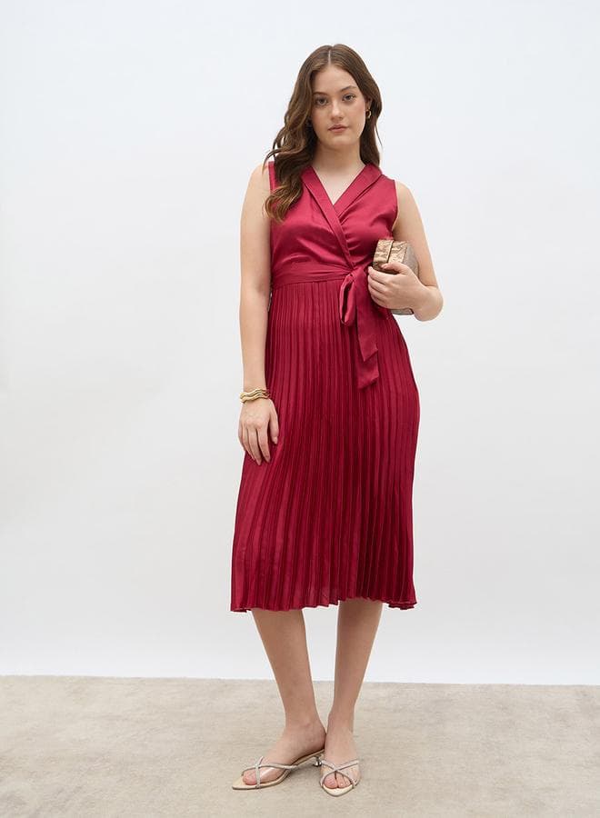 Sleeveless Pleated A-Line Wrap Midi Dress - Image 1