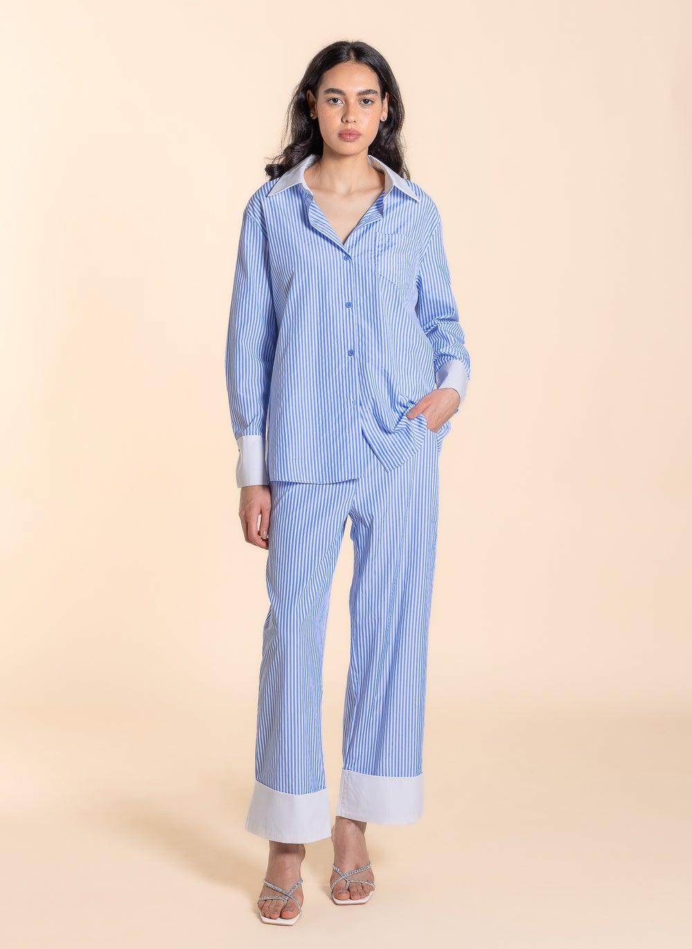 Striped Shirt Set with Folded Bottom Ankle Detail - Image 1