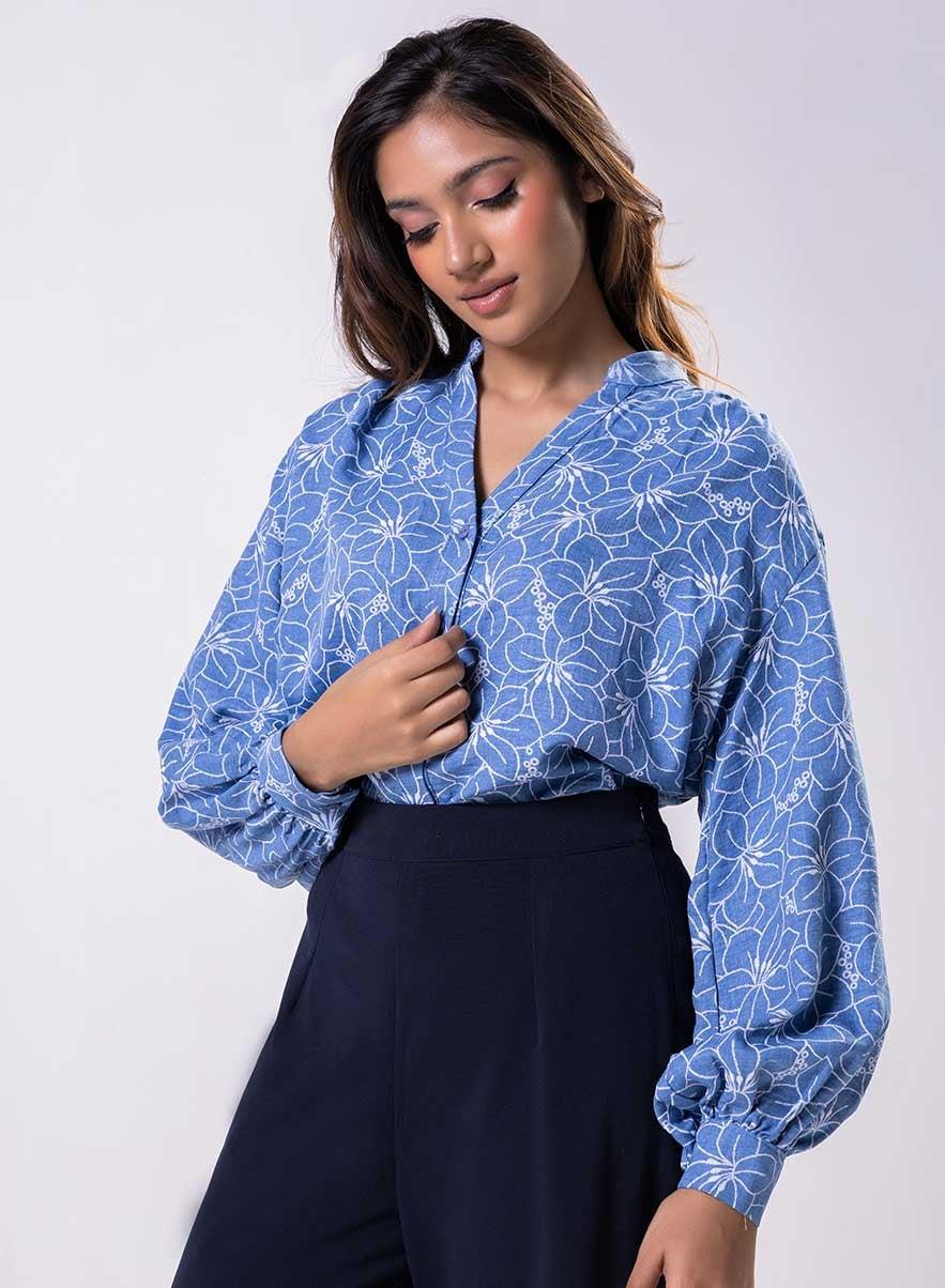 Blue V Neck Mandarine Collar Bodysuit Top - Image 1