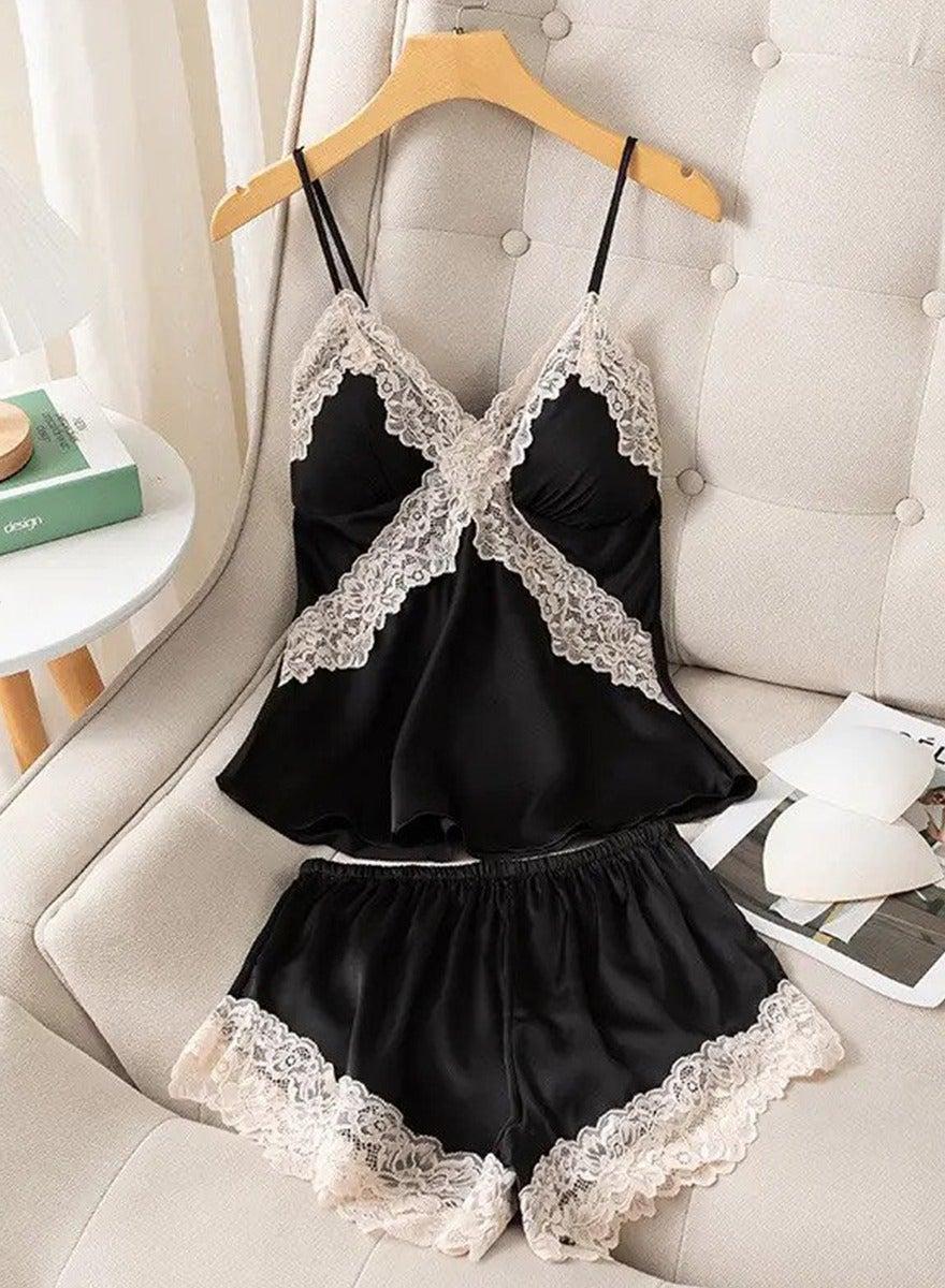 Women's Silk Satin Lace Pajama Set with Shorts - Image 1