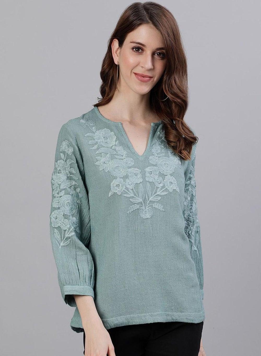 Sea Green Cotton Floral Tunic for Women - Image 1