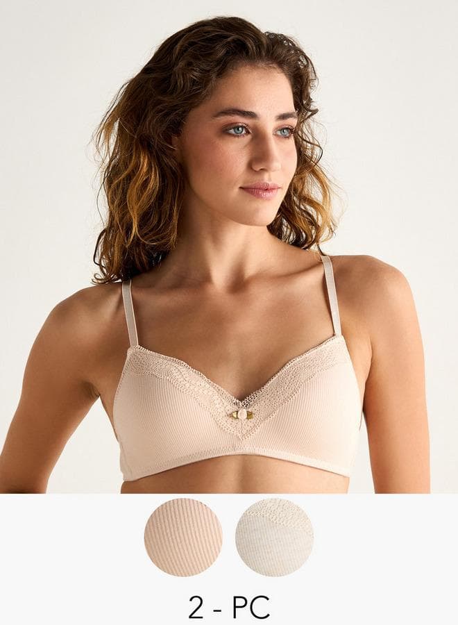 Set of 2 Lace Detail Ribbed Bras with Hook Closure - Image 1