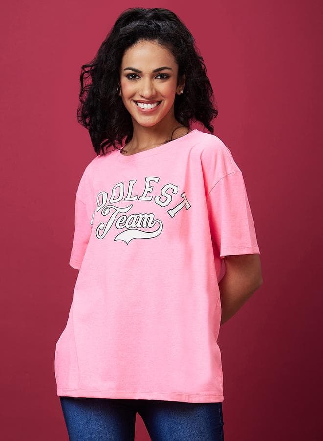 Slogan Print Round Neck Cotton T-Shirt - Image 1