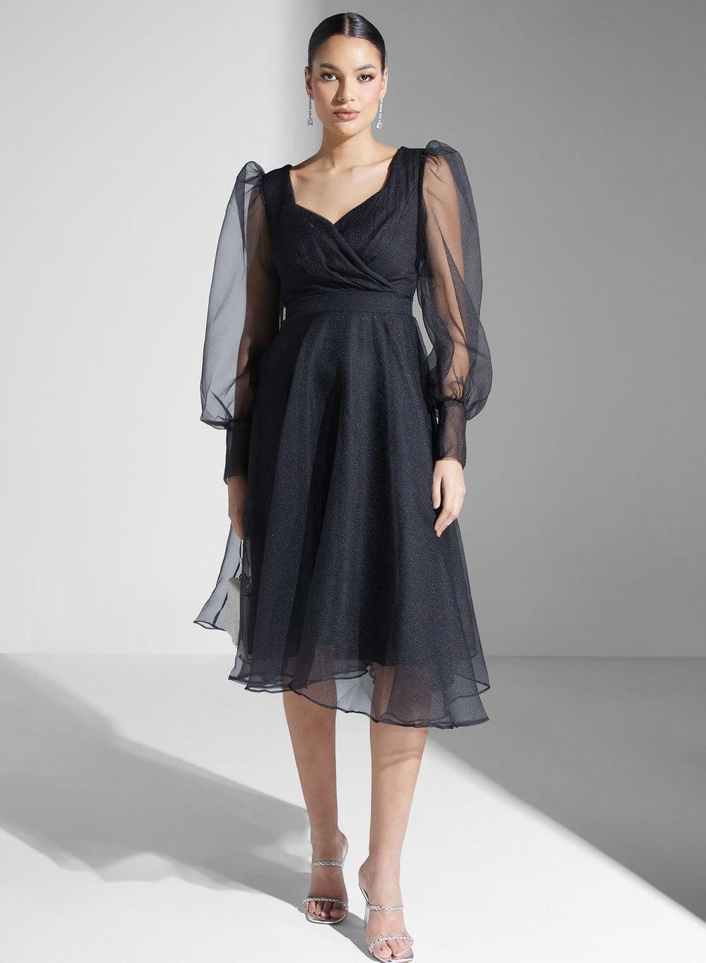 Organza Sleeve A-Line Midi Dress - Image 1