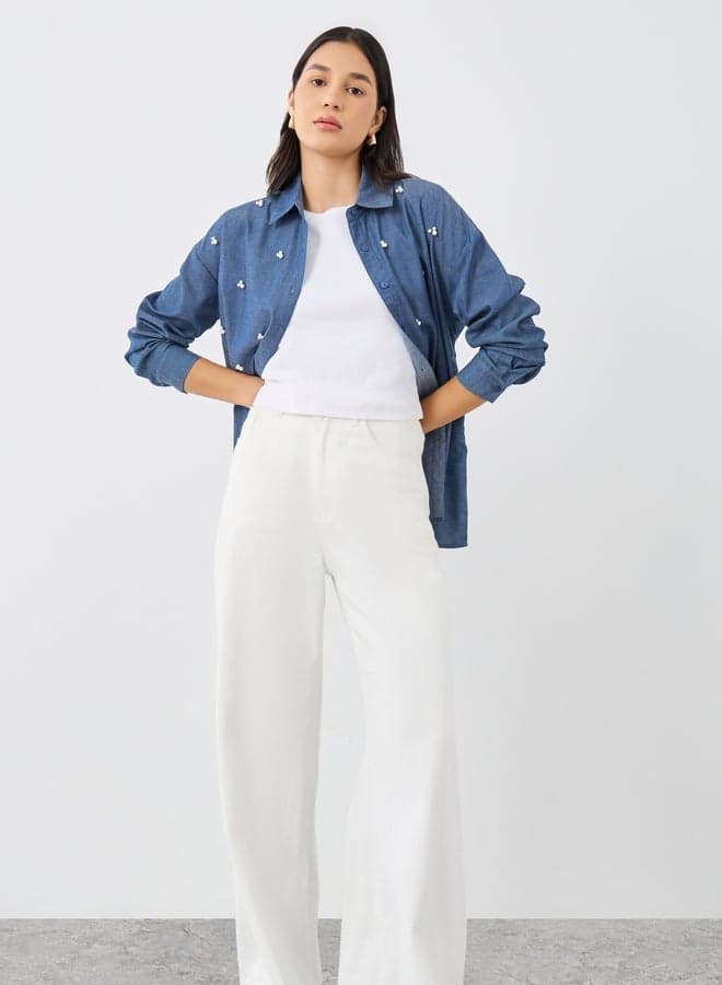 Styli Embellished Long Sleeve Denim Shirt - Image 1