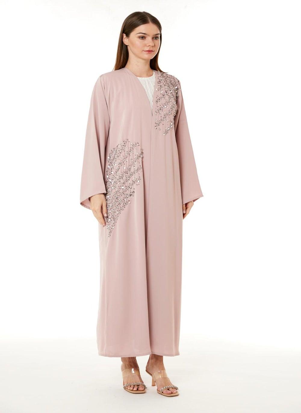 Tan Korean Nida Hand Embellished Abaya with Scarf - Image 1