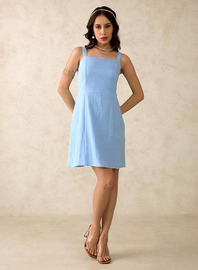 Blue Cotton Strappy Square Neck Floral Mini Dress - Image 1