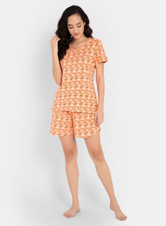 Clovia Floral Print Cotton Short Sleeve Nightwear Set - Image 1