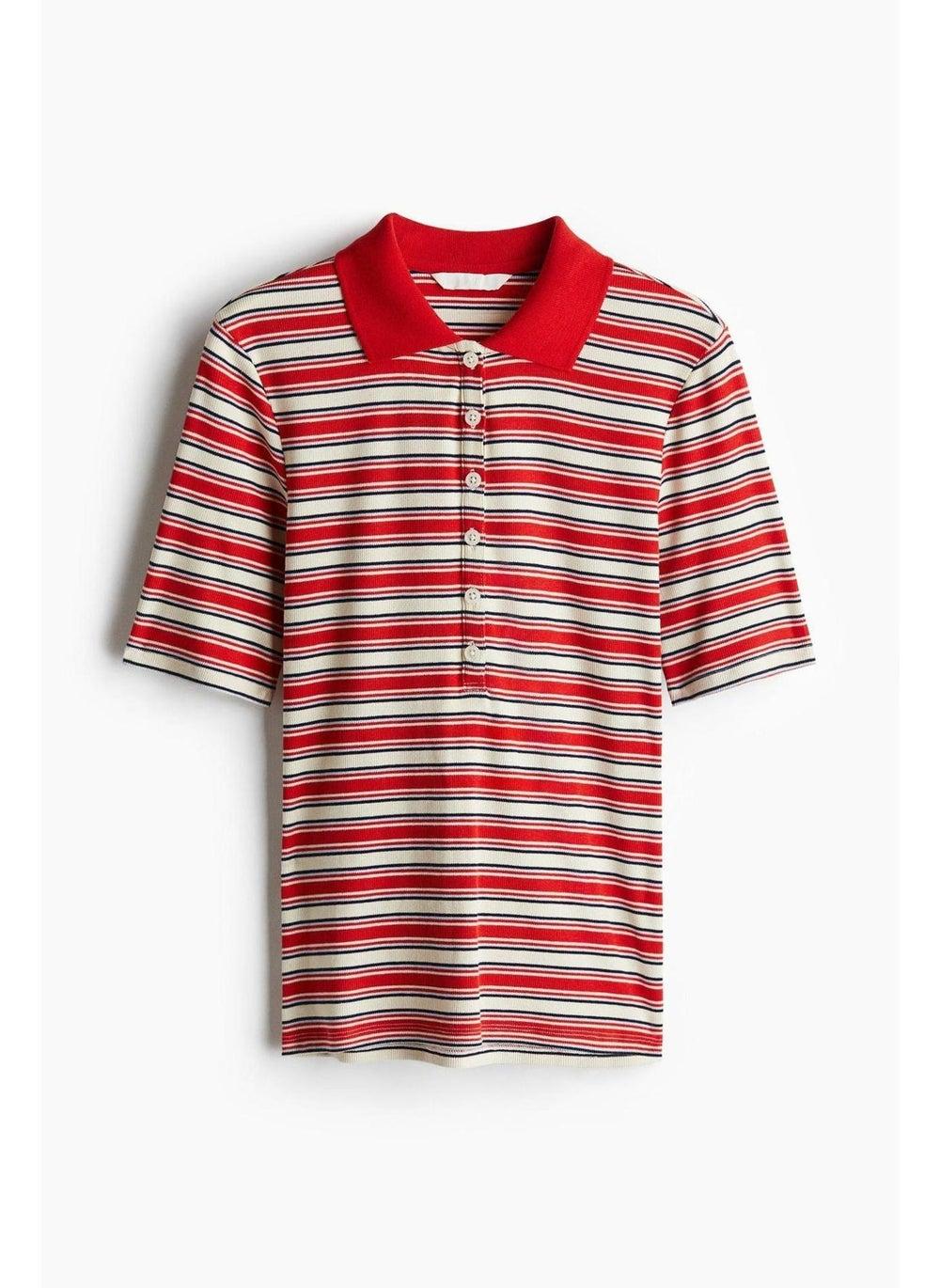Ribbed Fitted Polo Shirt with Short Sleeves - Image 1