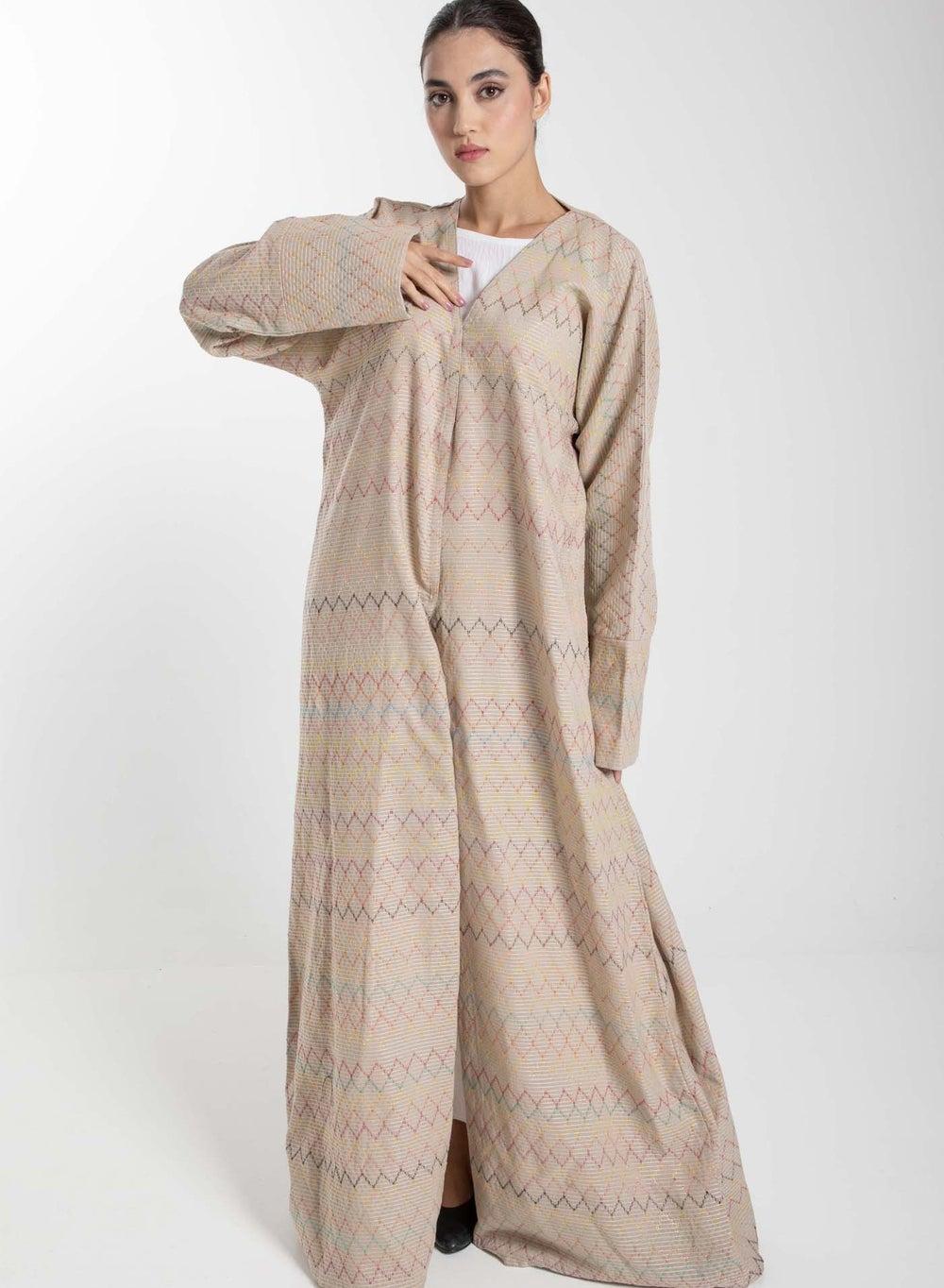 Front Open Multicolor Thread Linen Beige Abaya - Image 1