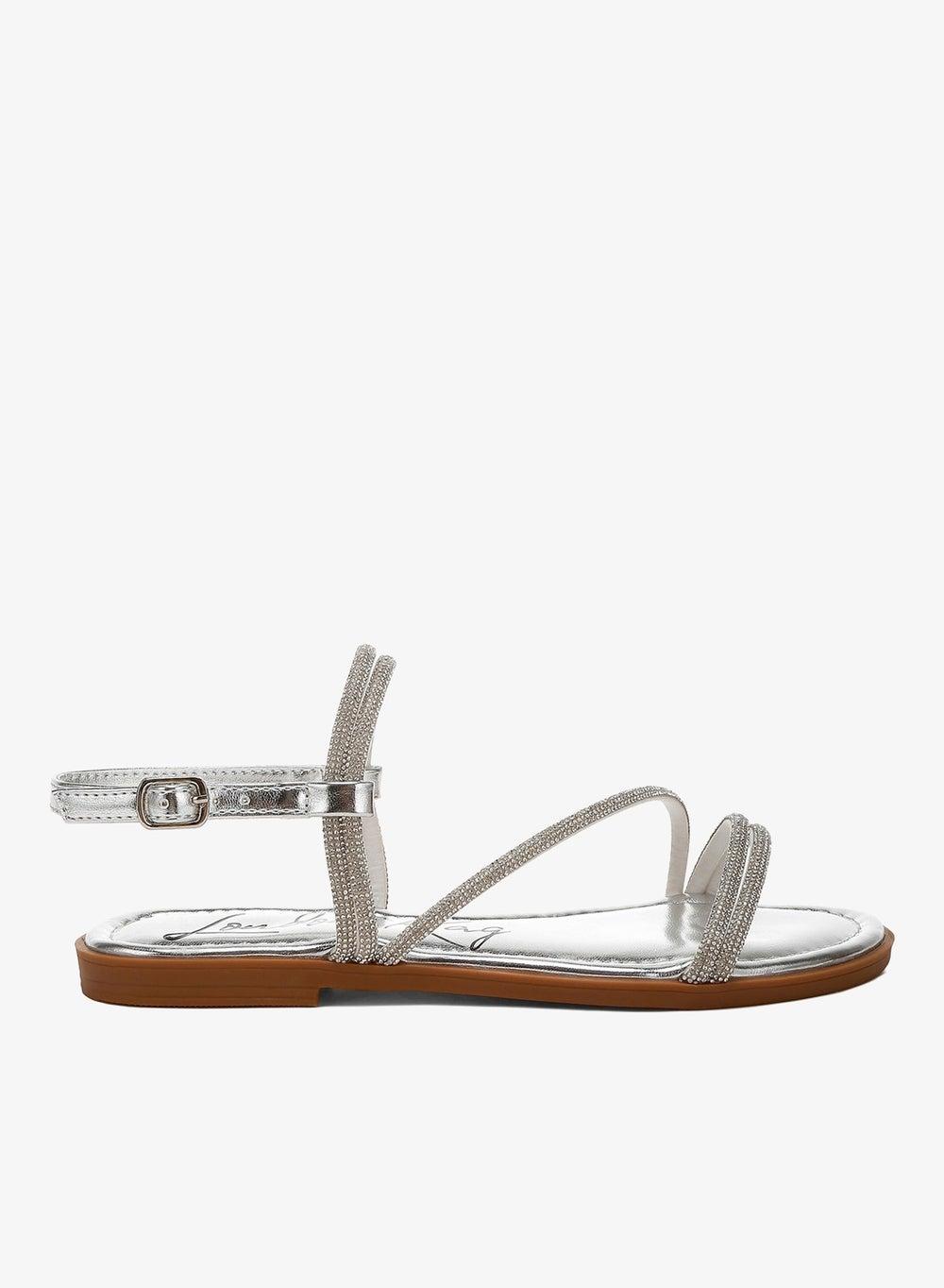 Silver Rhinestone Strappy Flat Sandals - Image 1