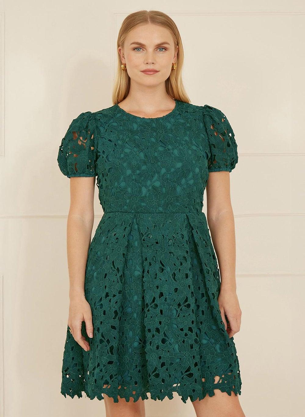 Floral Lace Midi Dress with Puff Sleeves - Image 1