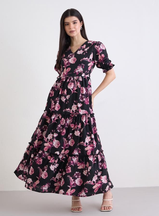 Styli Black Floral Puff Sleeve Tiered Maxi Dress - Image 1