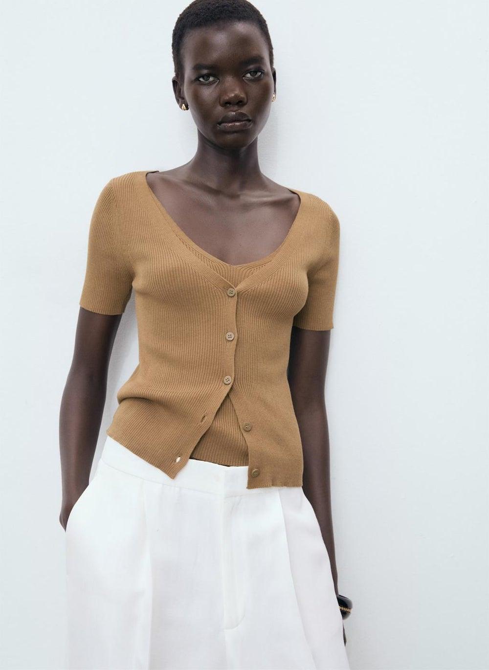 Mixed Ribbed Sweater with V-Neck and Button Front - Image 1