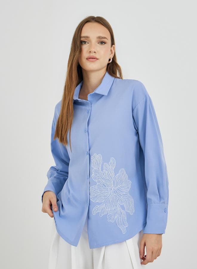 Floral Embroidered Oversized Long Sleeve Shirt - Image 1