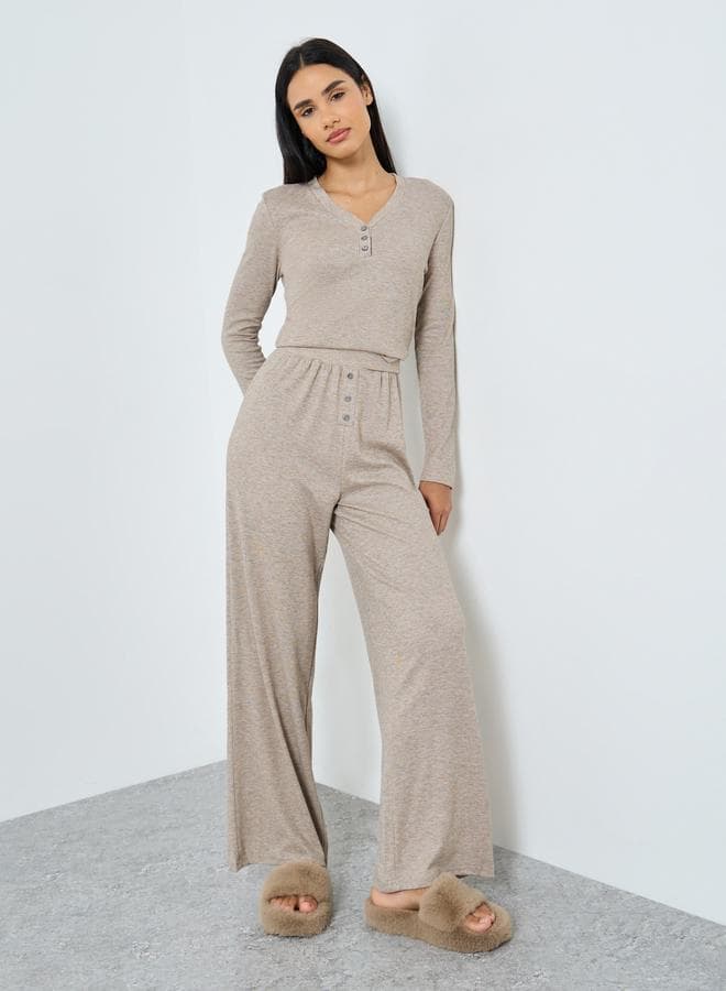 Styli Supersoft Rib Placket Beige Long Pyjama Set - Image 1
