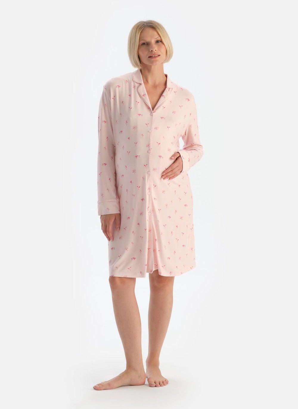 Floral Print Maternity Nightdress with Spread Collar - Image 1