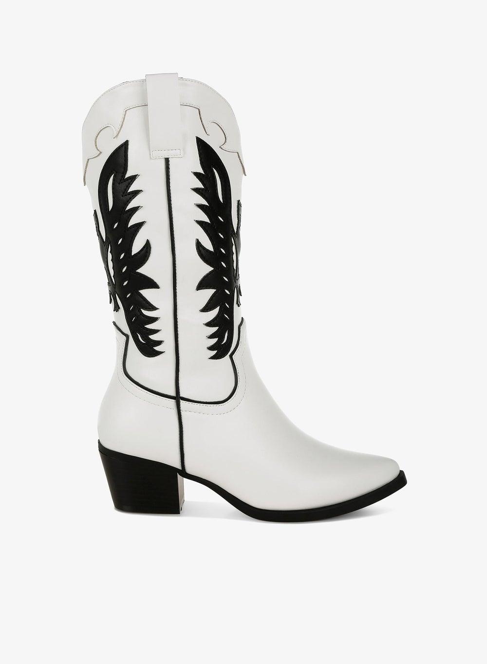 White Winged Patchwork Knee-High Cowboy Boots - Image 1