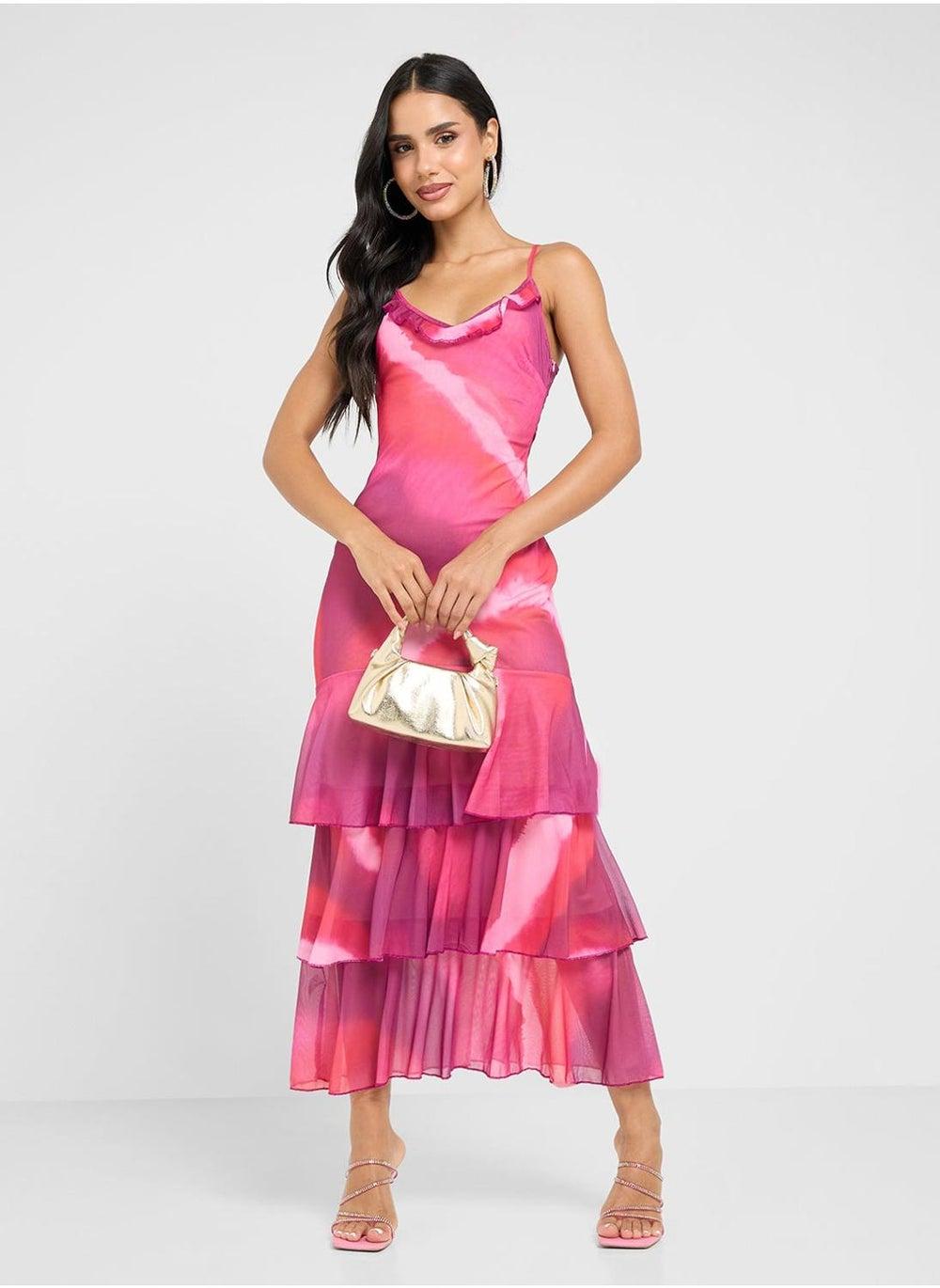 Strappy Blurred Print Maxi Dress With Frill Hem - Image 1