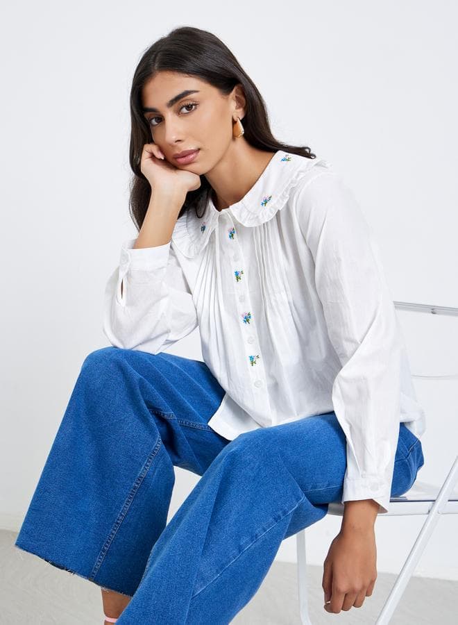 Styli White Embroidered Peter Pan Collar Shirt - Image 1
