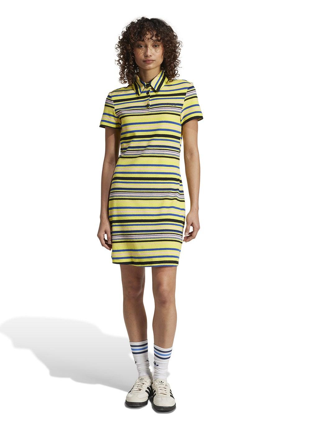 Striped Knit Mini Dress with Polo Collar - Image 1