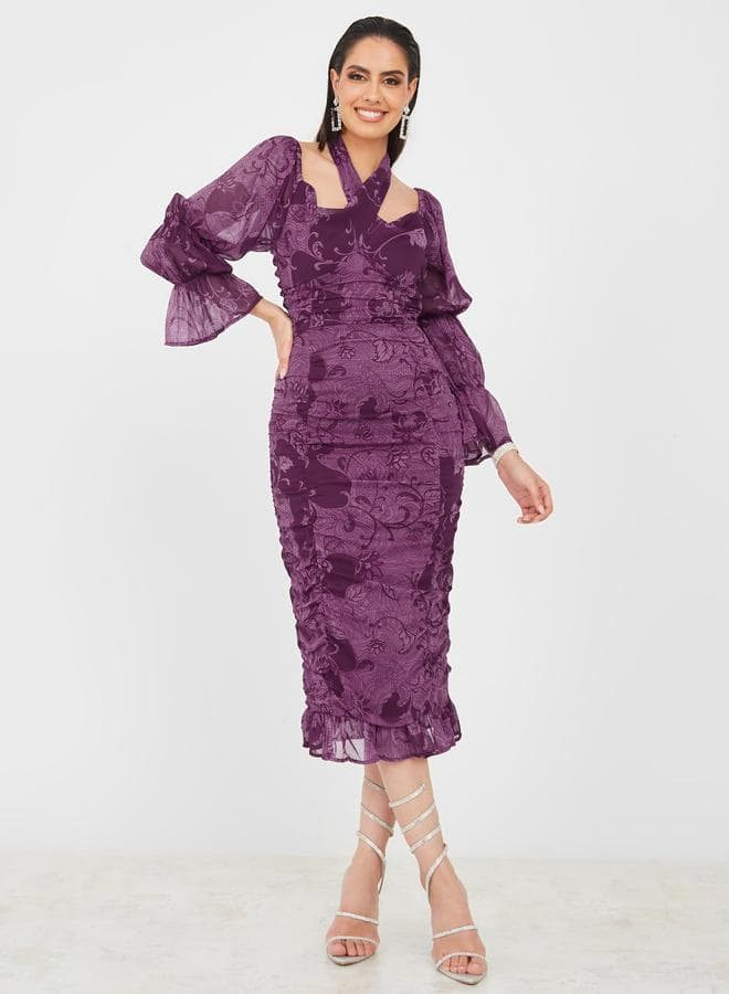 Styli Ruched Tie Neck Floral Bodycon Midi Dress - Image 1