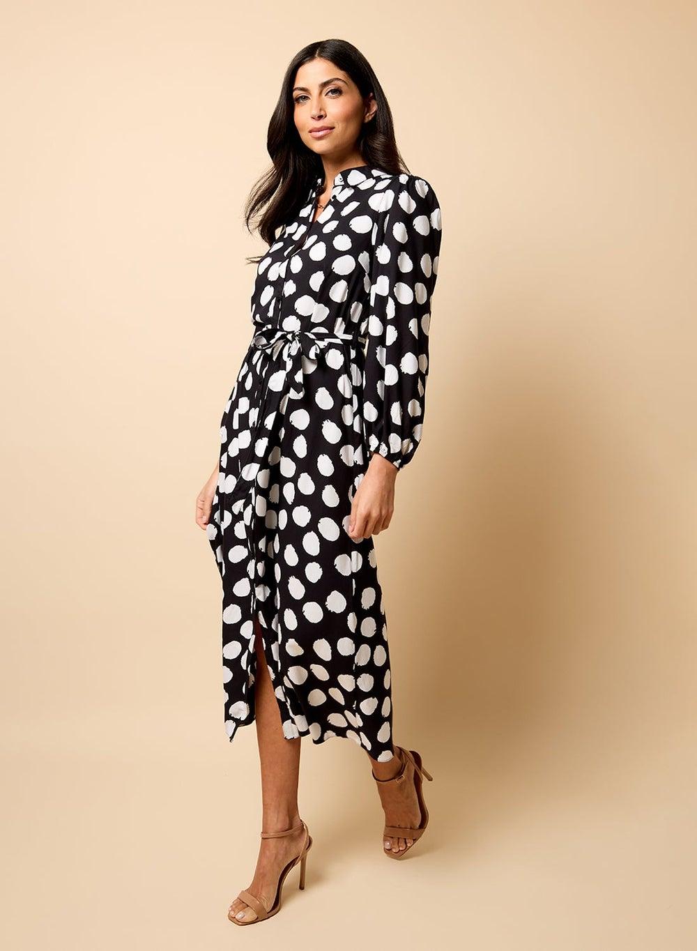 Monochrome Spot Print Midi Shirt Dress - Image 1