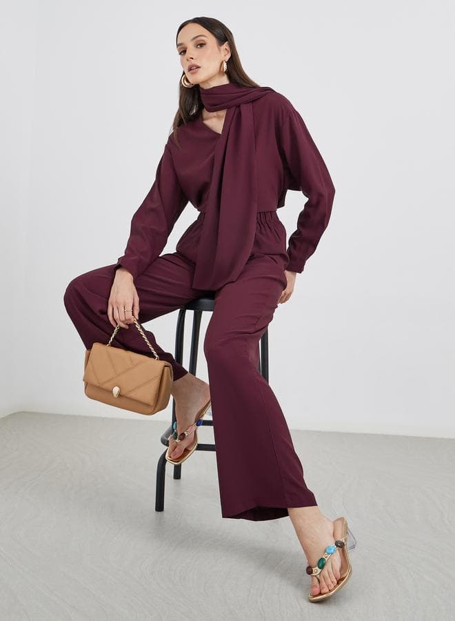 Styli Burgundy V Neck Co-Ord Set with Scarf - Image 1