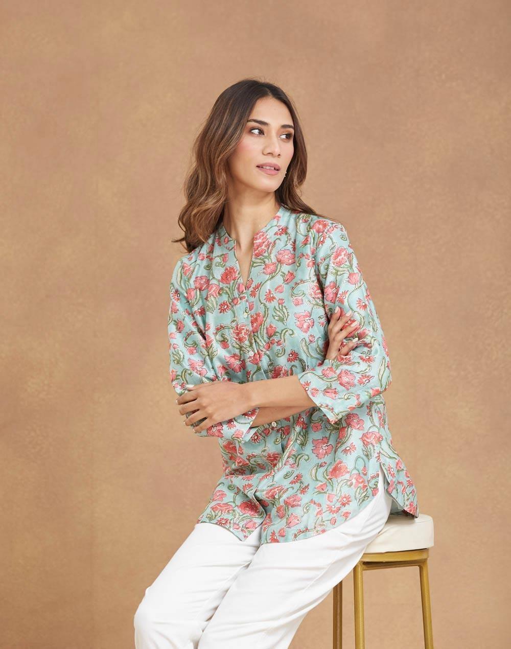 Green Cotton Silk Hand Block Printed Tunic - Image 1
