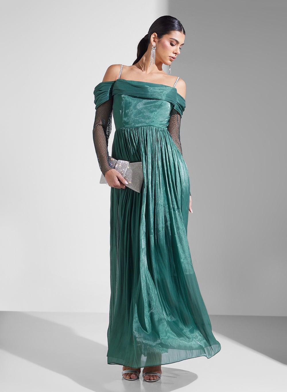 Emerald Off-Shoulder Pleated Maxi Dress - Image 1