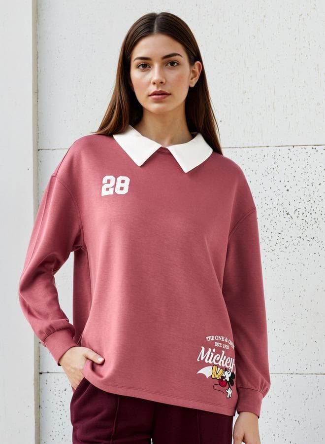 Mickey Mouse Print Sweatshirt with Contrast Collar - Image 1