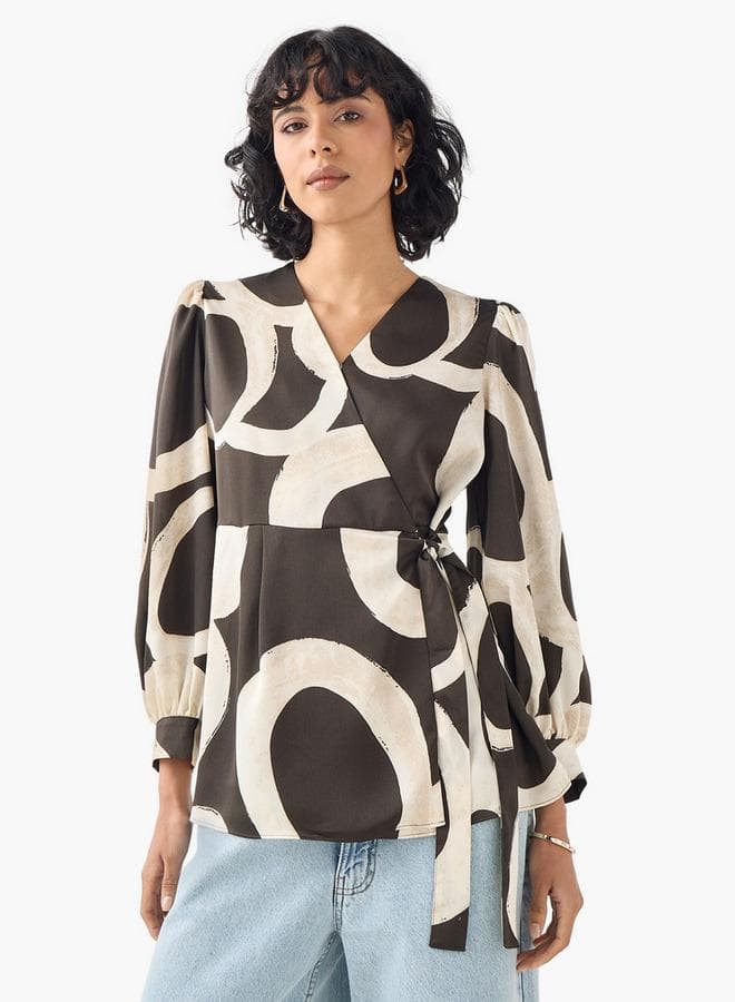 Printed V-Neck Wrap Top with Tie-Up Detail - Image 1