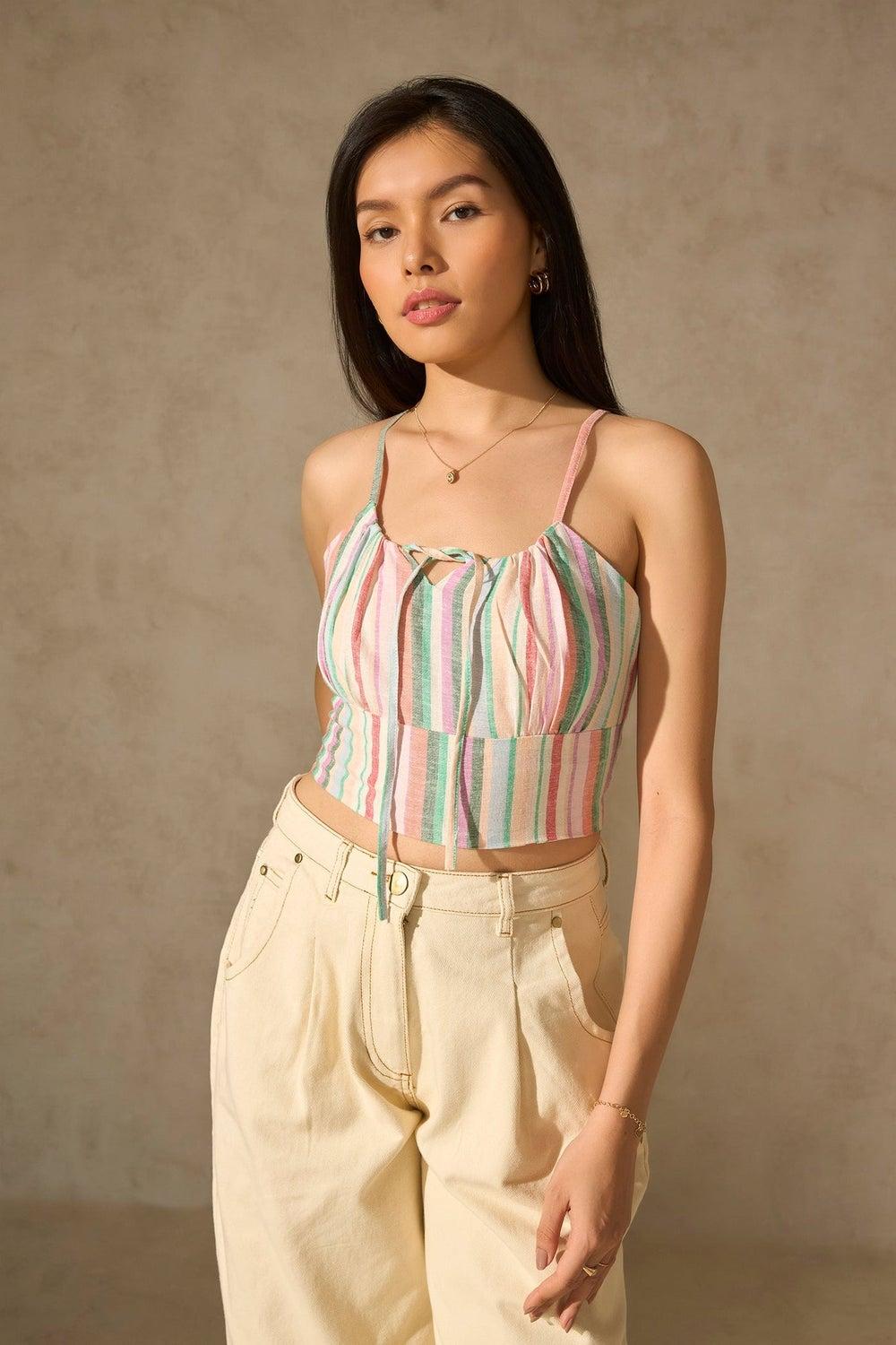 Linen Striped Front Tie Crop Top for Women - Image 1