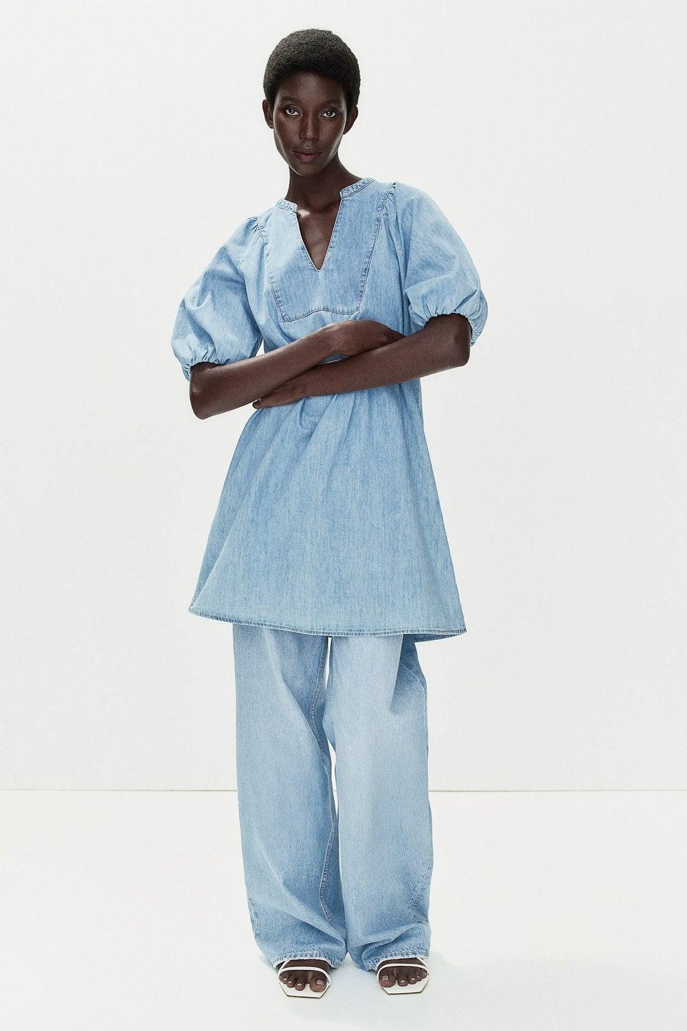Puff Sleeve Tunic Midi Dress - Image 1