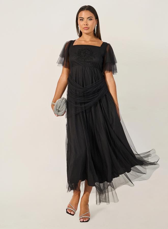Black Tulle Midi Dress with Square Neckline - Image 1