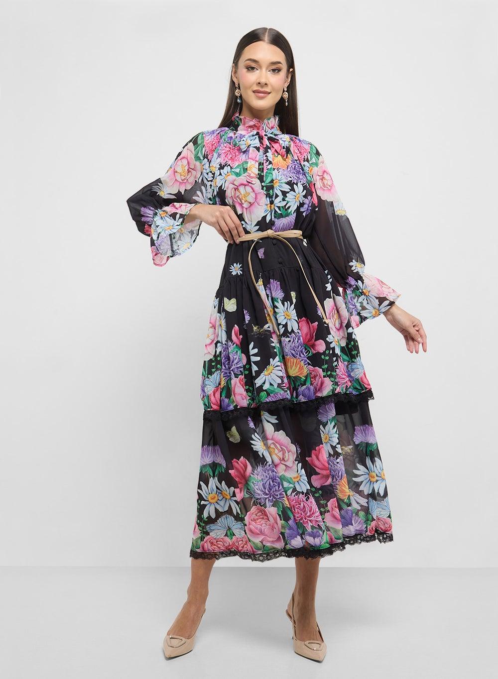Floral Tiered Midi Dress with Belt - Image 1